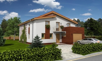 House with a garage and shed roofs.